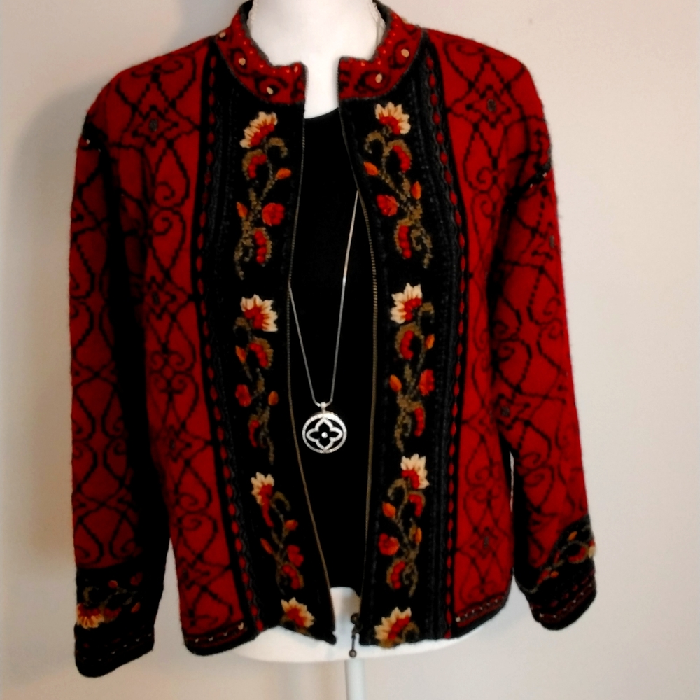 Embroidered, Nordic Style Extra Warm Womens Cardigan Sweater / Jacket Size S